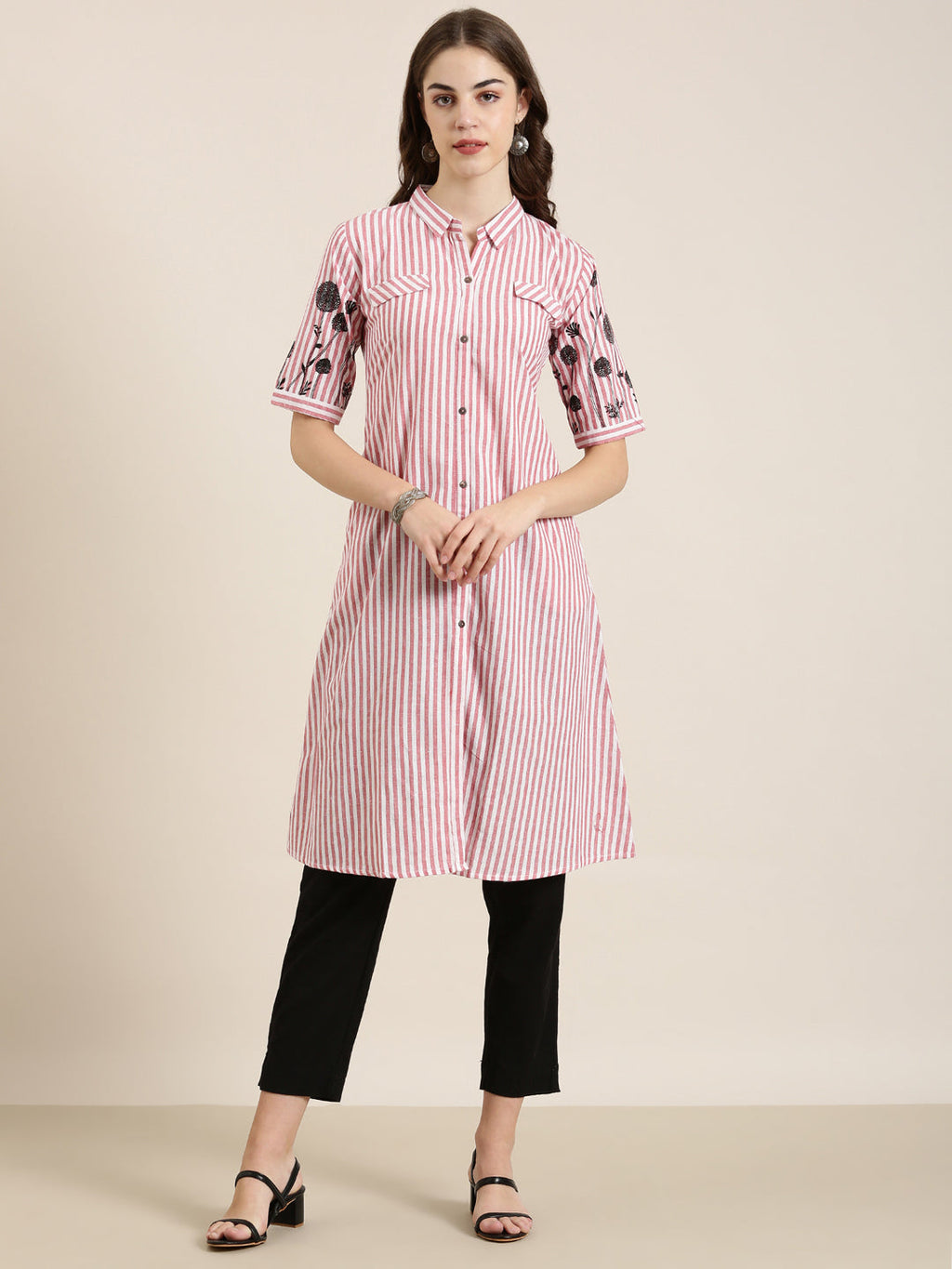 Women's Red Shirt Collar Striped Cotton A-Line Kurta