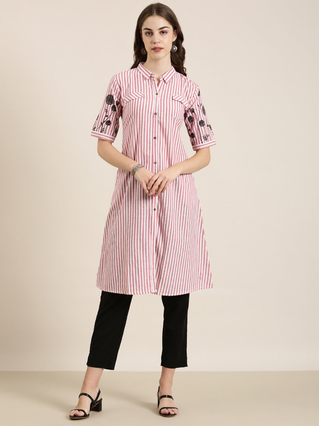 Women's Red Shirt Collar Striped Cotton A-Line Kurta