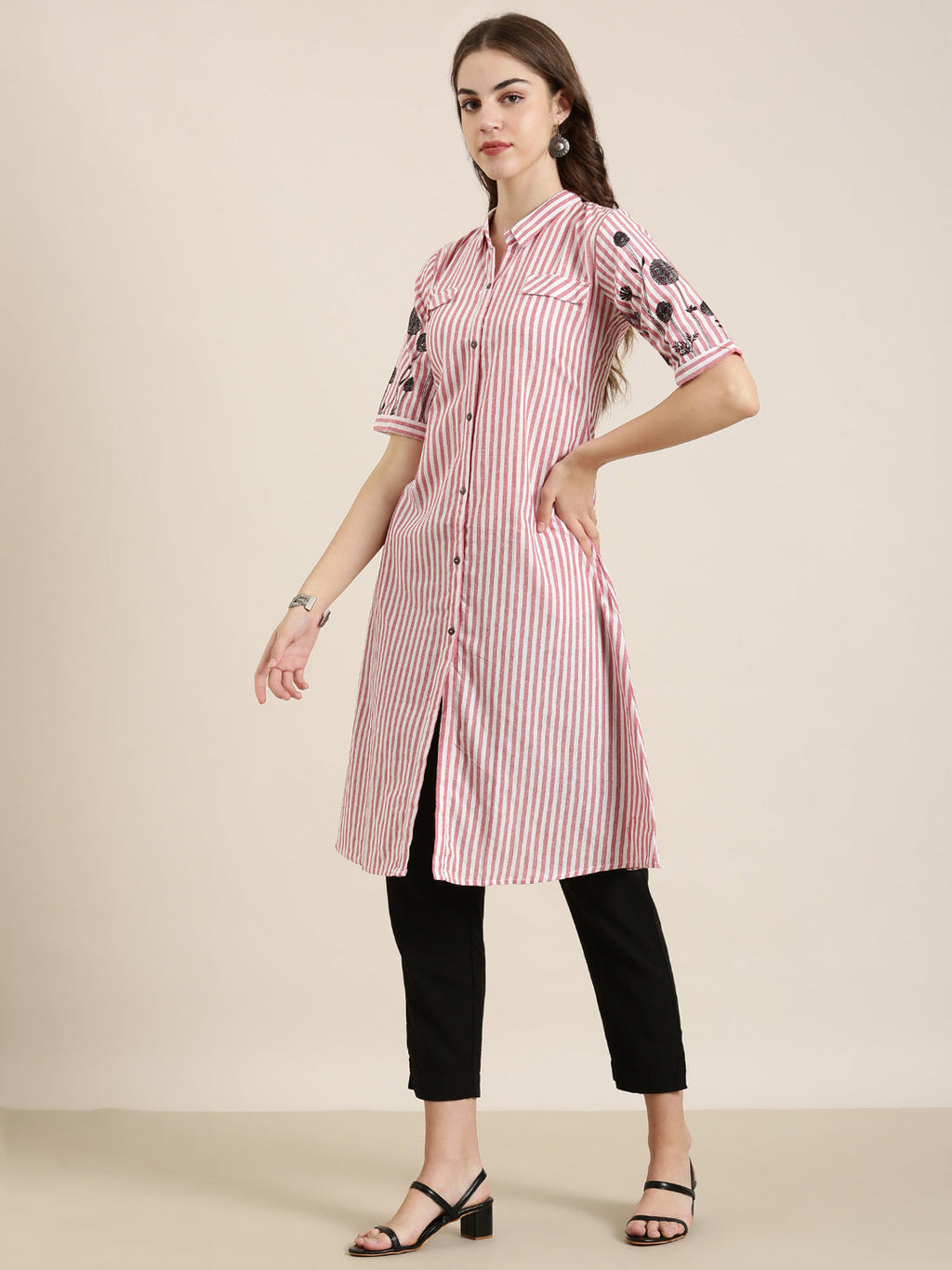 Women's Red Shirt Collar Striped Cotton A-Line Kurta