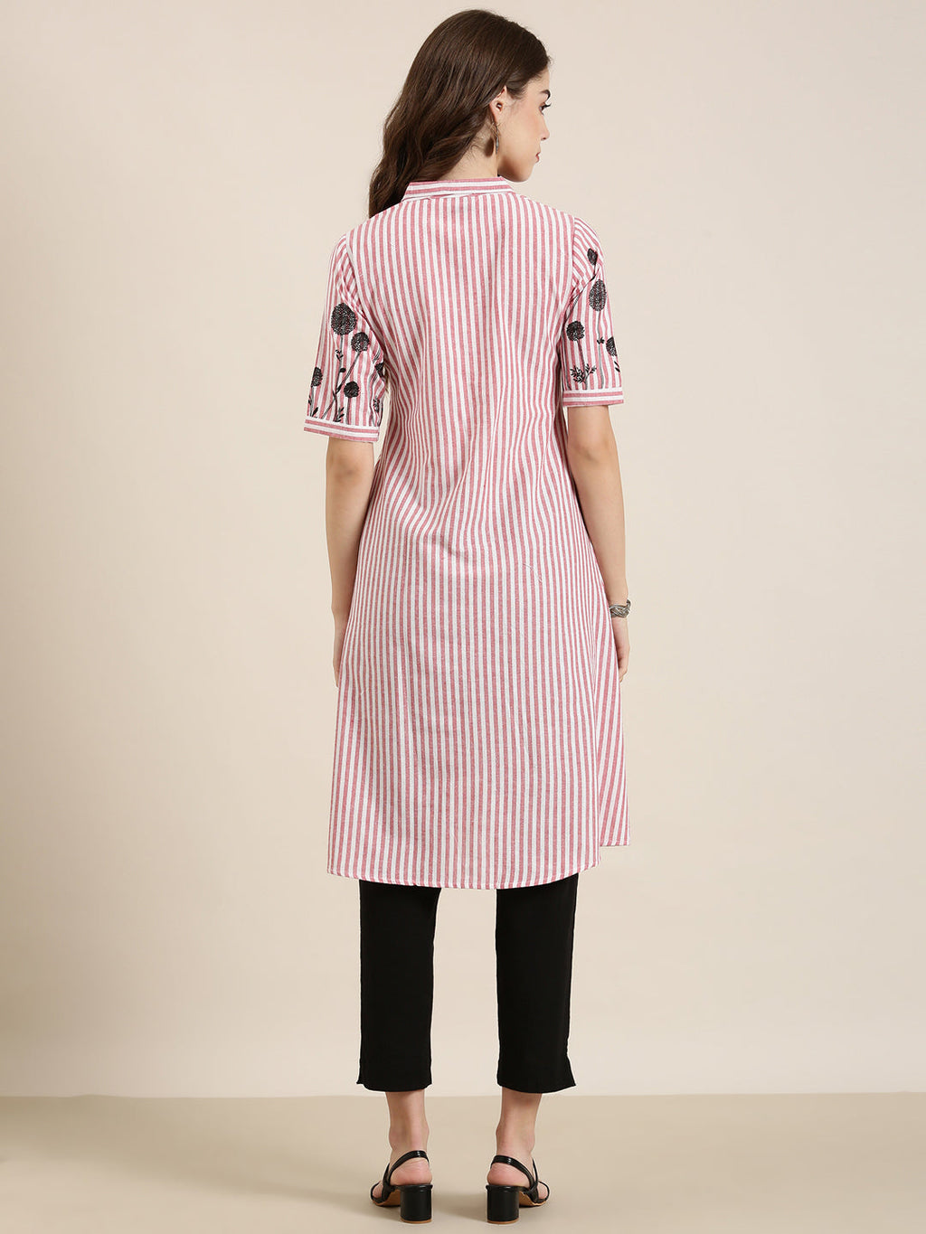 Women's Red Shirt Collar Striped Cotton A-Line Kurta