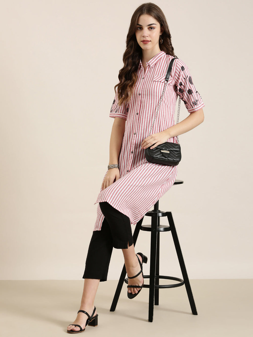 Women's Red Shirt Collar Striped Cotton A-Line Kurta