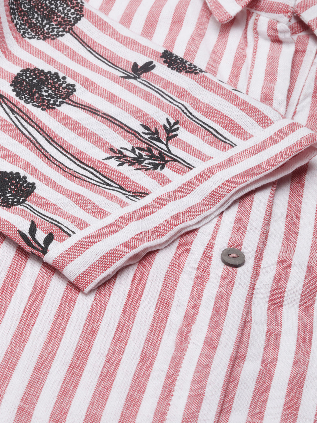 Women's Red Shirt Collar Striped Cotton A-Line Kurta