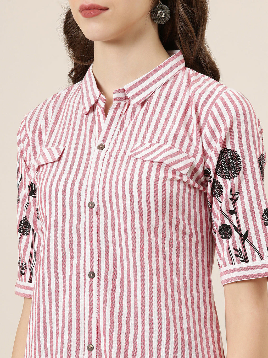 Women's Red Shirt Collar Striped Cotton A-Line Kurta