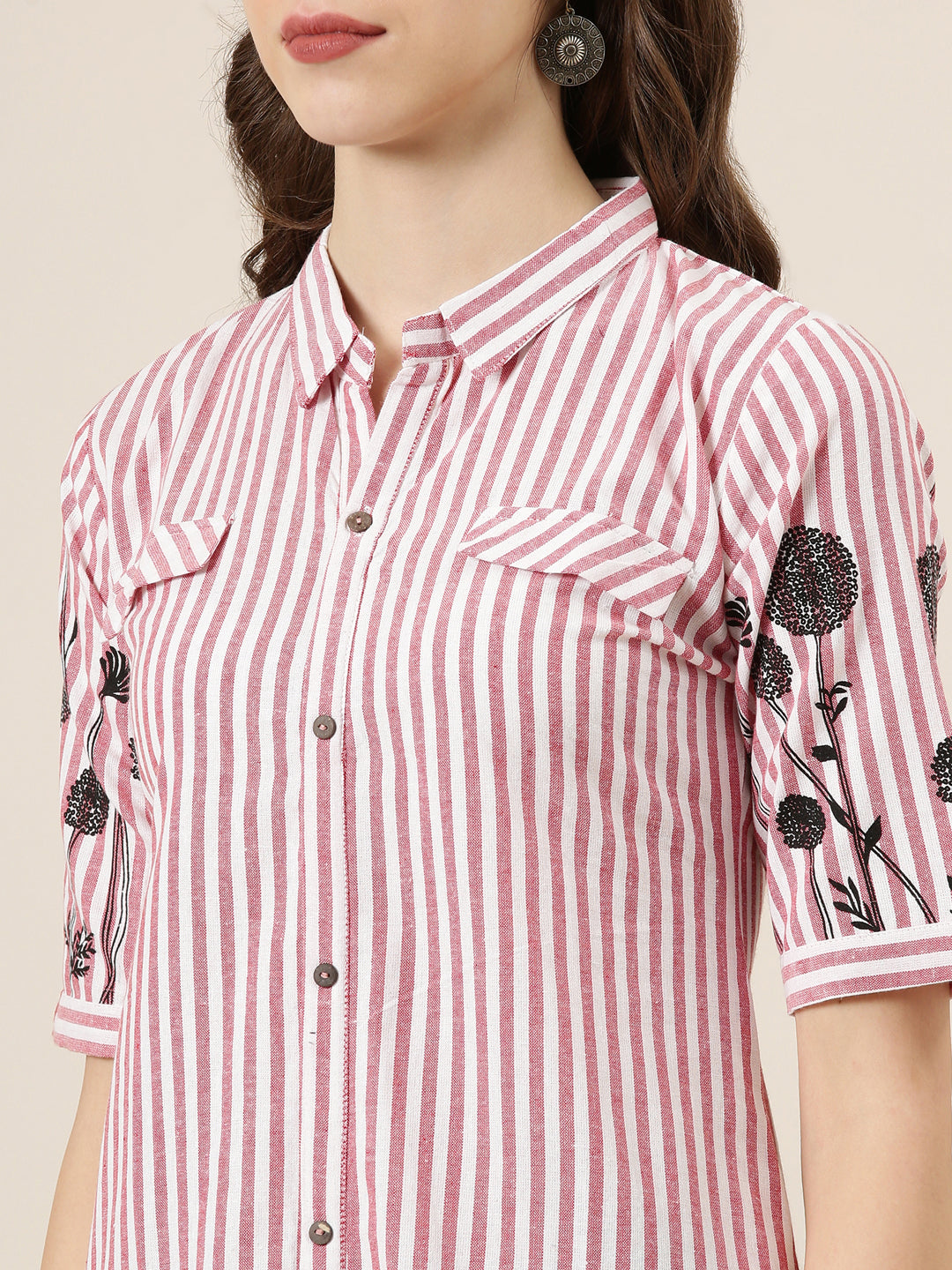 Women's Red Shirt Collar Striped Cotton A-Line Kurta
