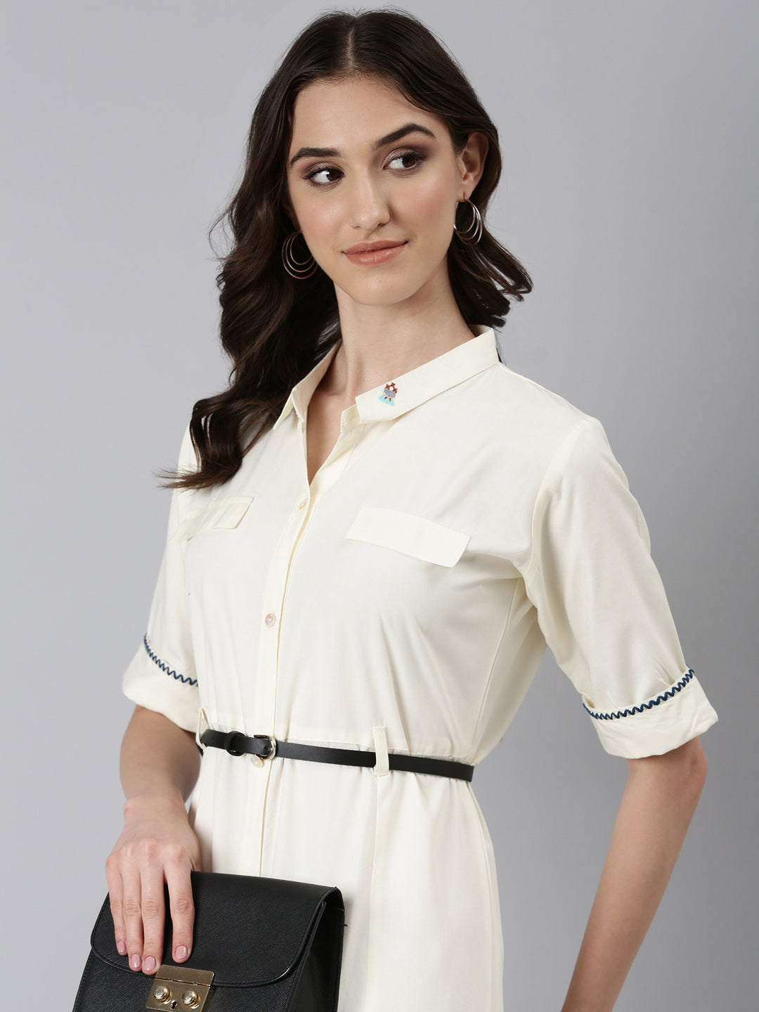 Women's Cream Shirt Collar Belted Shirt Dress