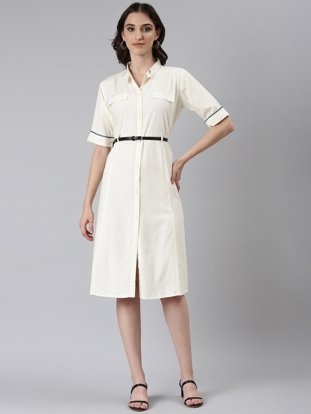 Women's Cream Shirt Collar Belted Shirt Dress