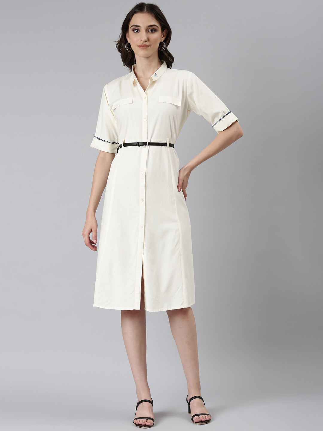 Women's Cream Shirt Collar Belted Shirt Dress