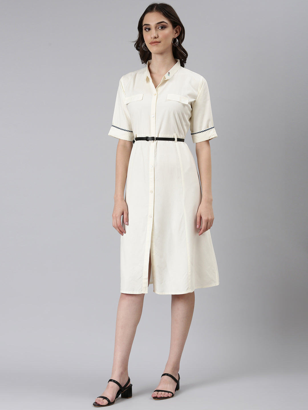 Women's Cream Shirt Collar Belted Shirt Dress