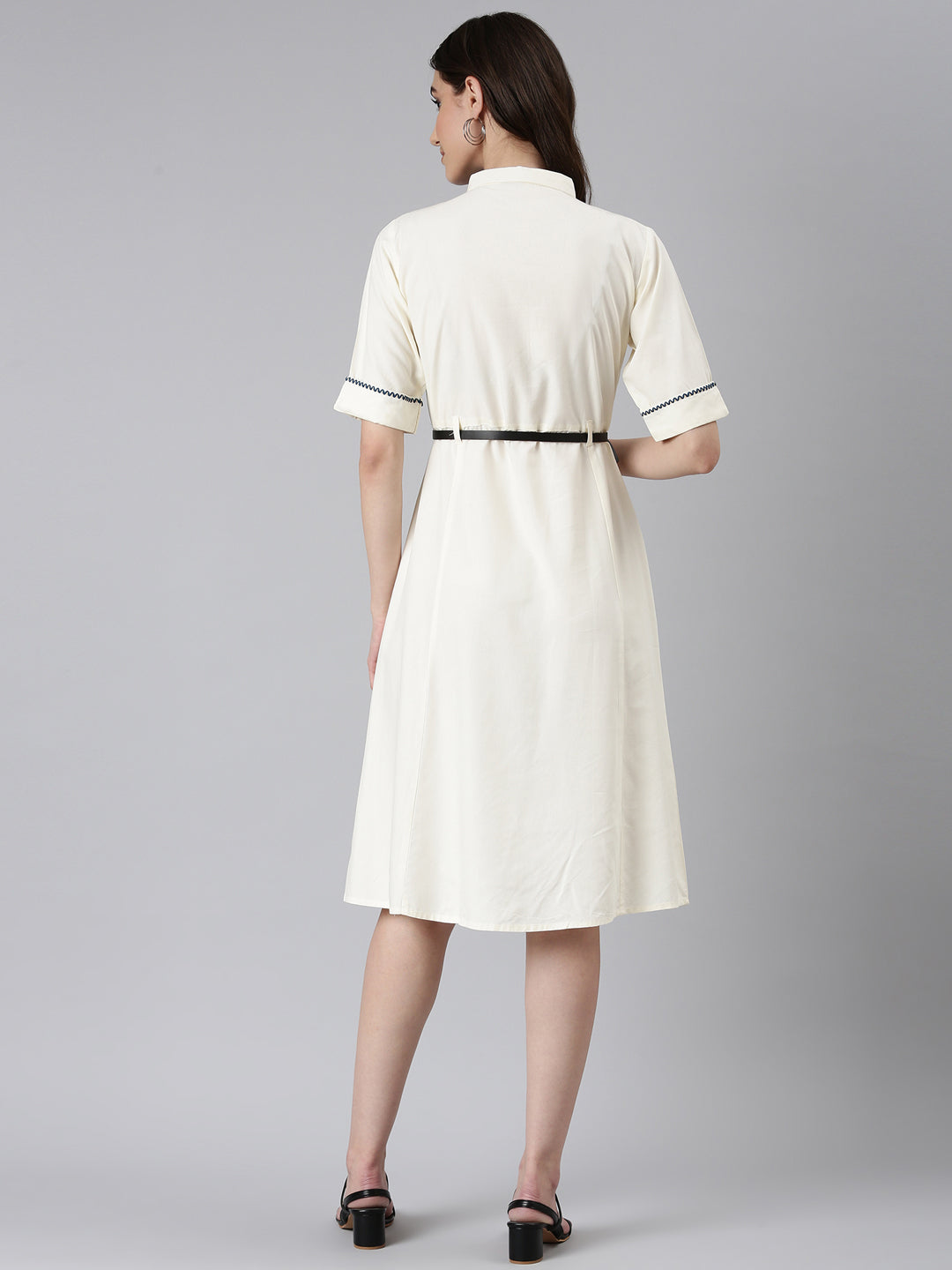 Women's Cream Shirt Collar Belted Shirt Dress