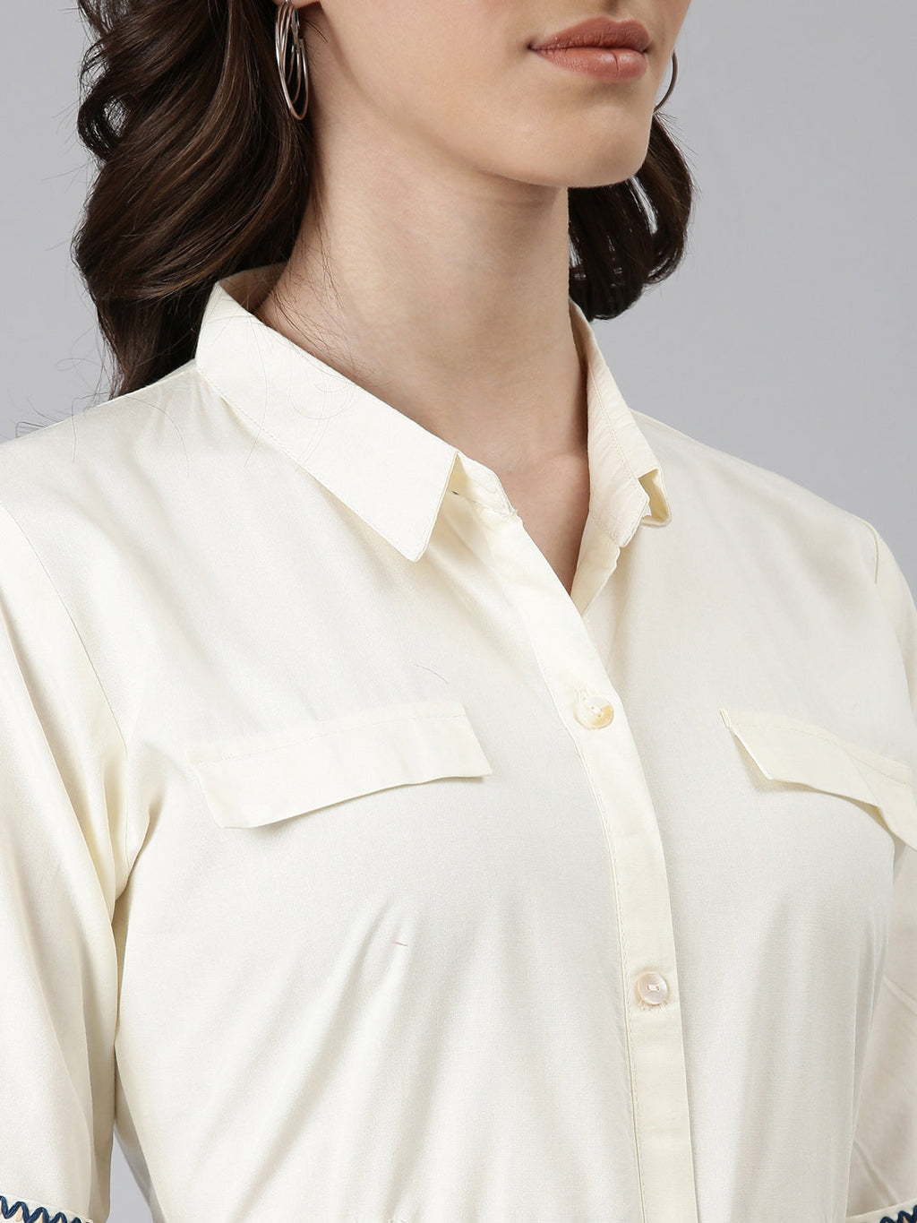 Women's Cream Shirt Collar Belted Shirt Dress