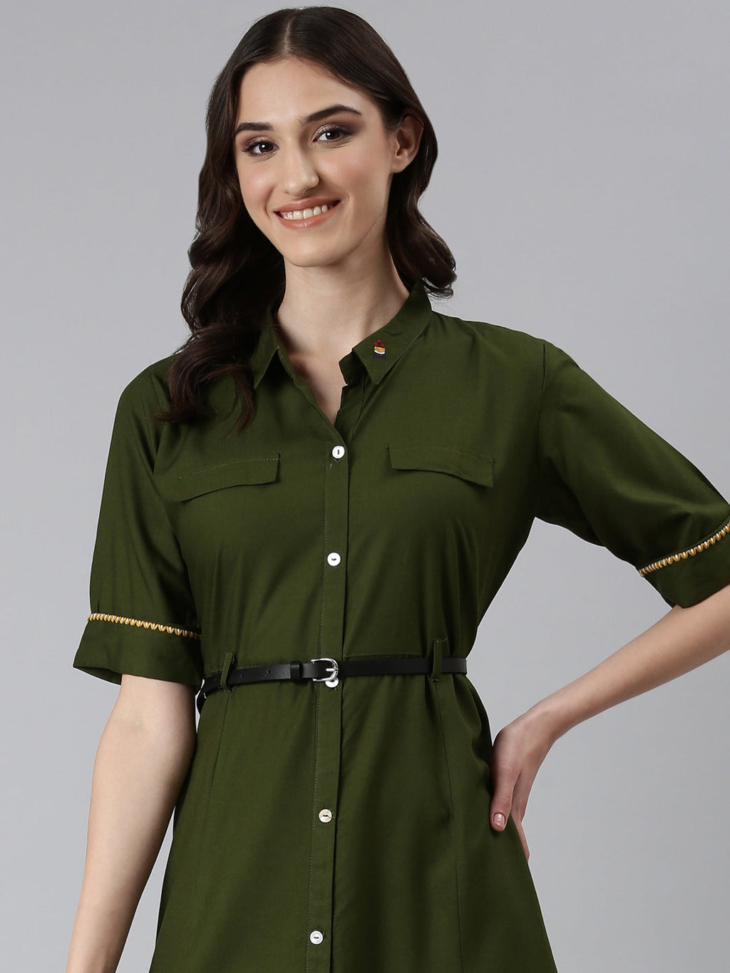 Women's Olive Shirt Collar Short Sleeves Belted Shirt Dress