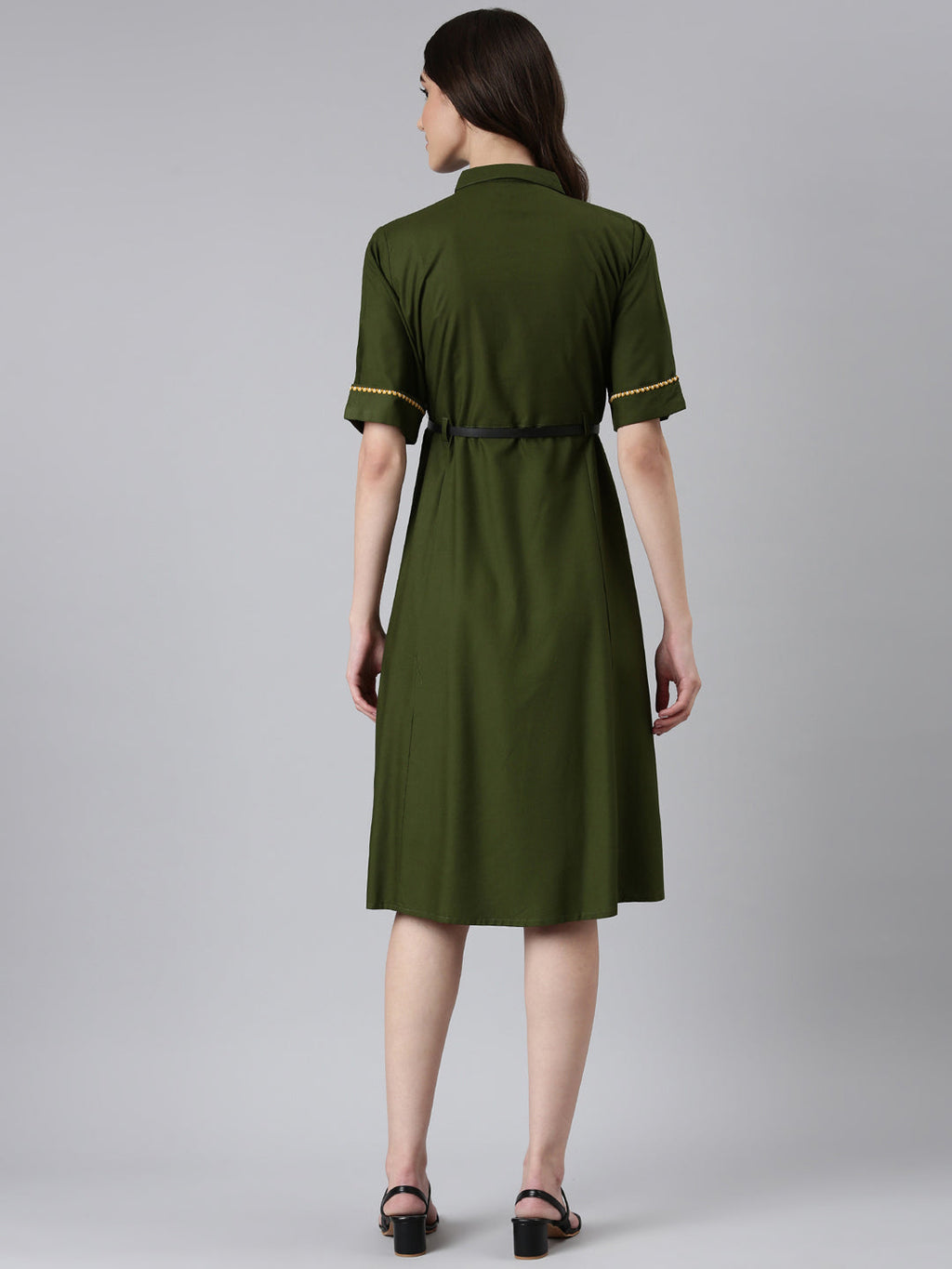 Women's Olive Shirt Collar Short Sleeves Belted Shirt Dress