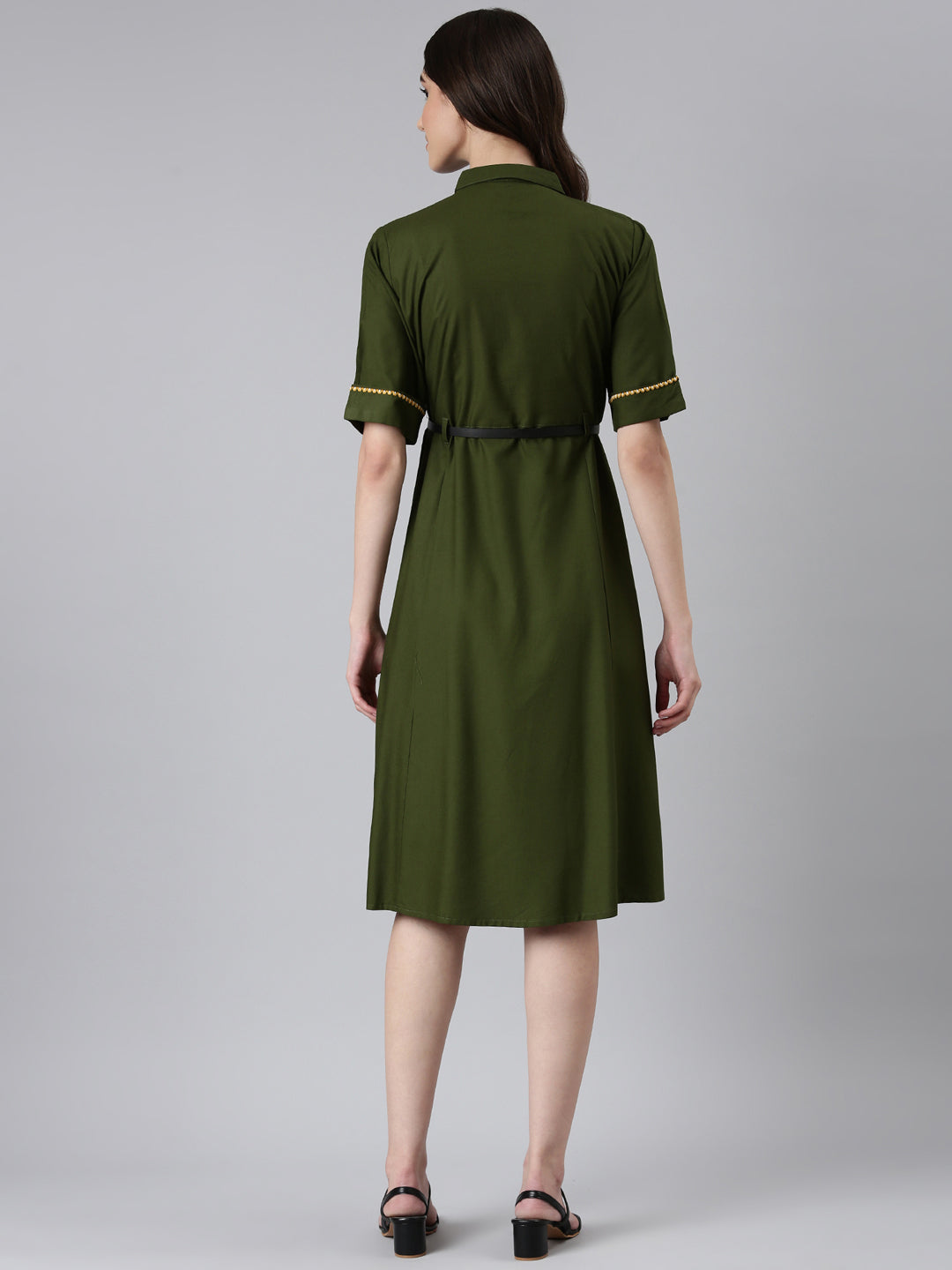 Women's Olive Shirt Collar Short Sleeves Belted Shirt Dress