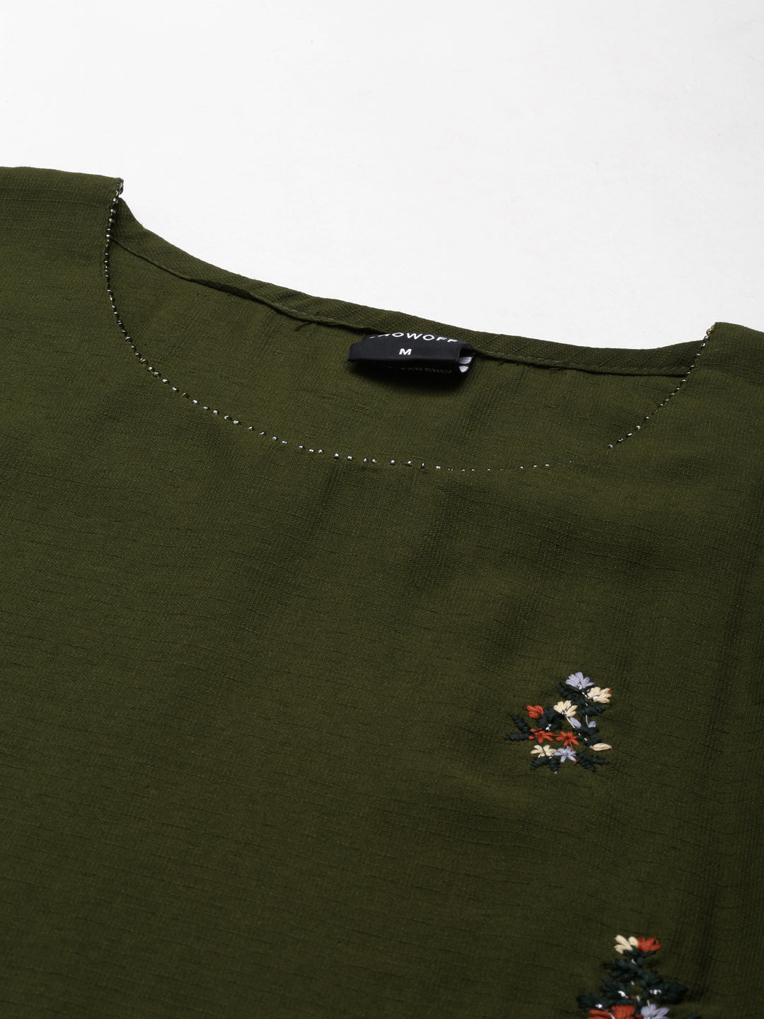 Women's Olive Round Neck Thread Work Straight Kurta