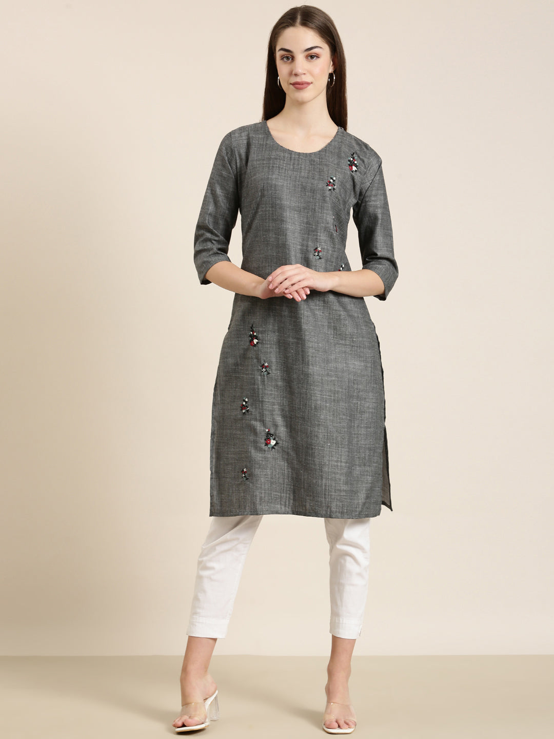 Women's Grey Solid Straight Kurta