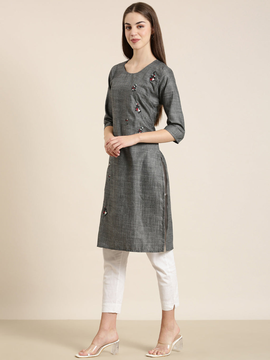 Women's Grey Solid Straight Kurta