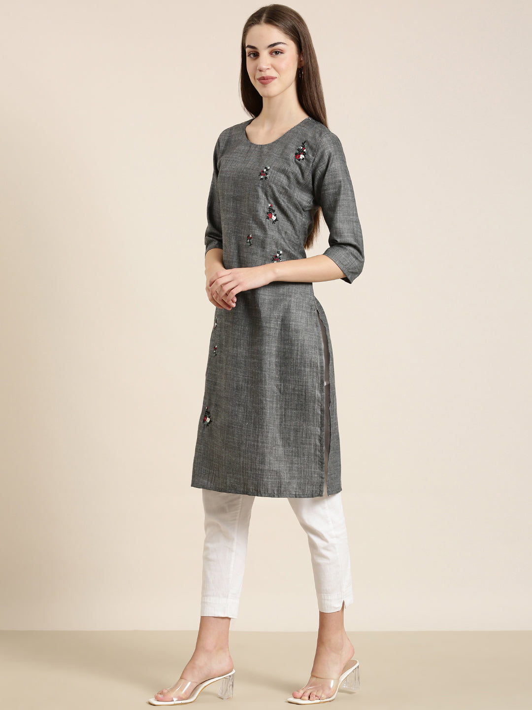 Women's Grey Solid Straight Kurta