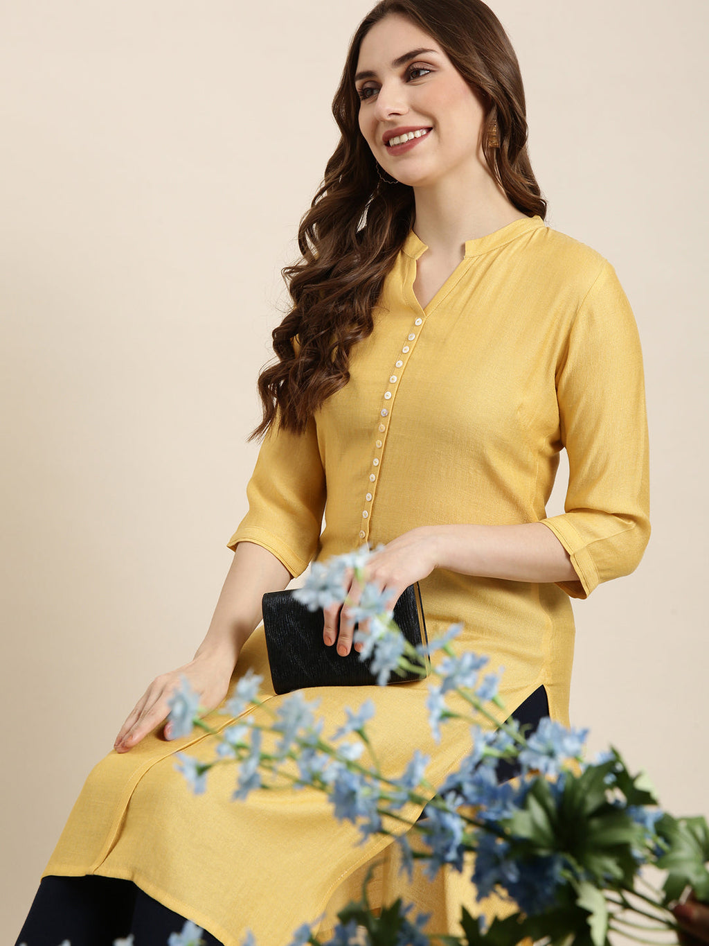 Women's Straight Mustard Solid Kurta