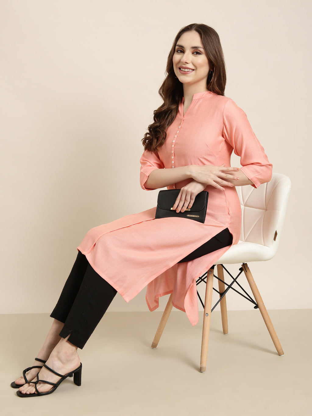 Women's Straight Peach Solid Kurta