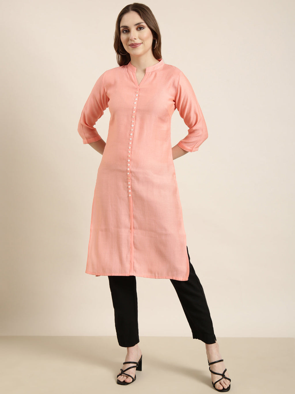 Women's Straight Peach Solid Kurta