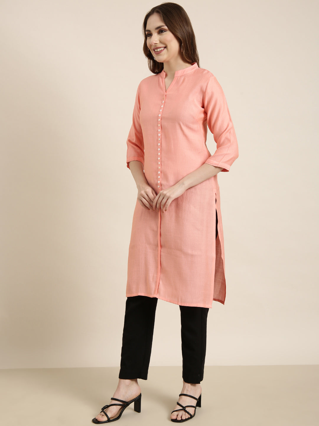 Women's Straight Peach Solid Kurta