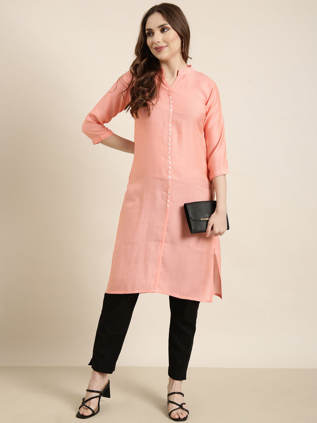 Women's Straight Peach Solid Kurta