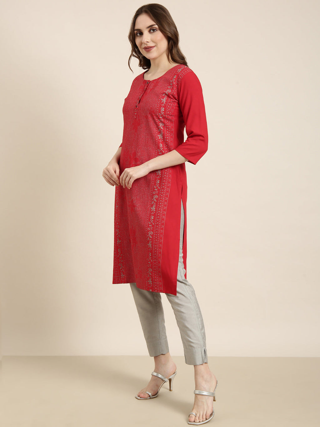 Women's Straight Red Floral Kurta