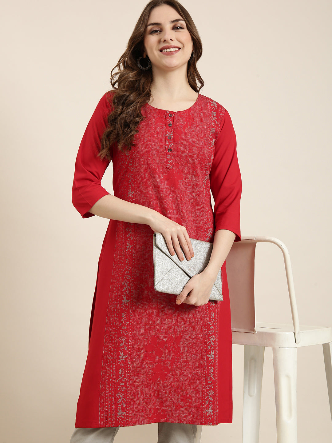Women's Straight Red Floral Kurta