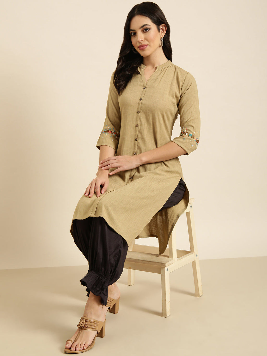Women's Straight Beige Solid Kurta