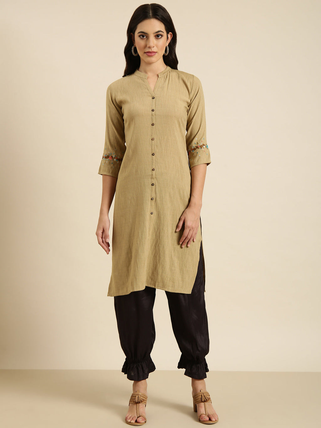 Women's Straight Beige Solid Kurta
