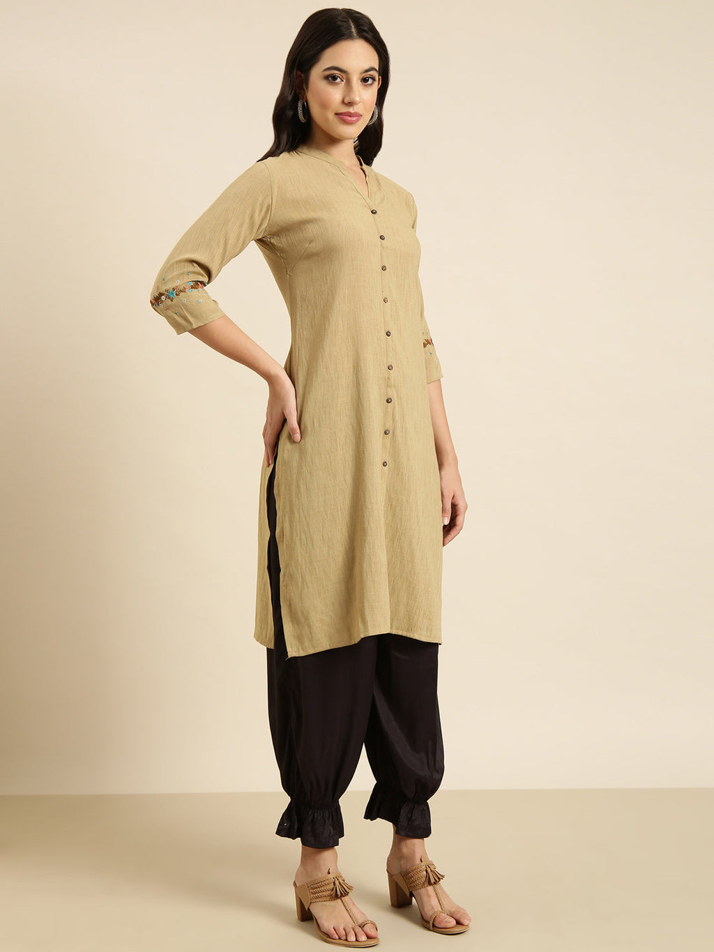 Women's Straight Beige Solid Kurta