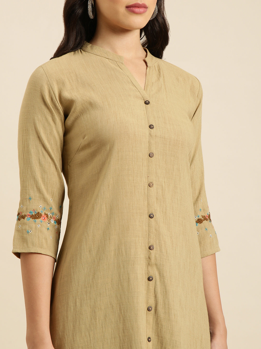 Women's Straight Beige Solid Kurta