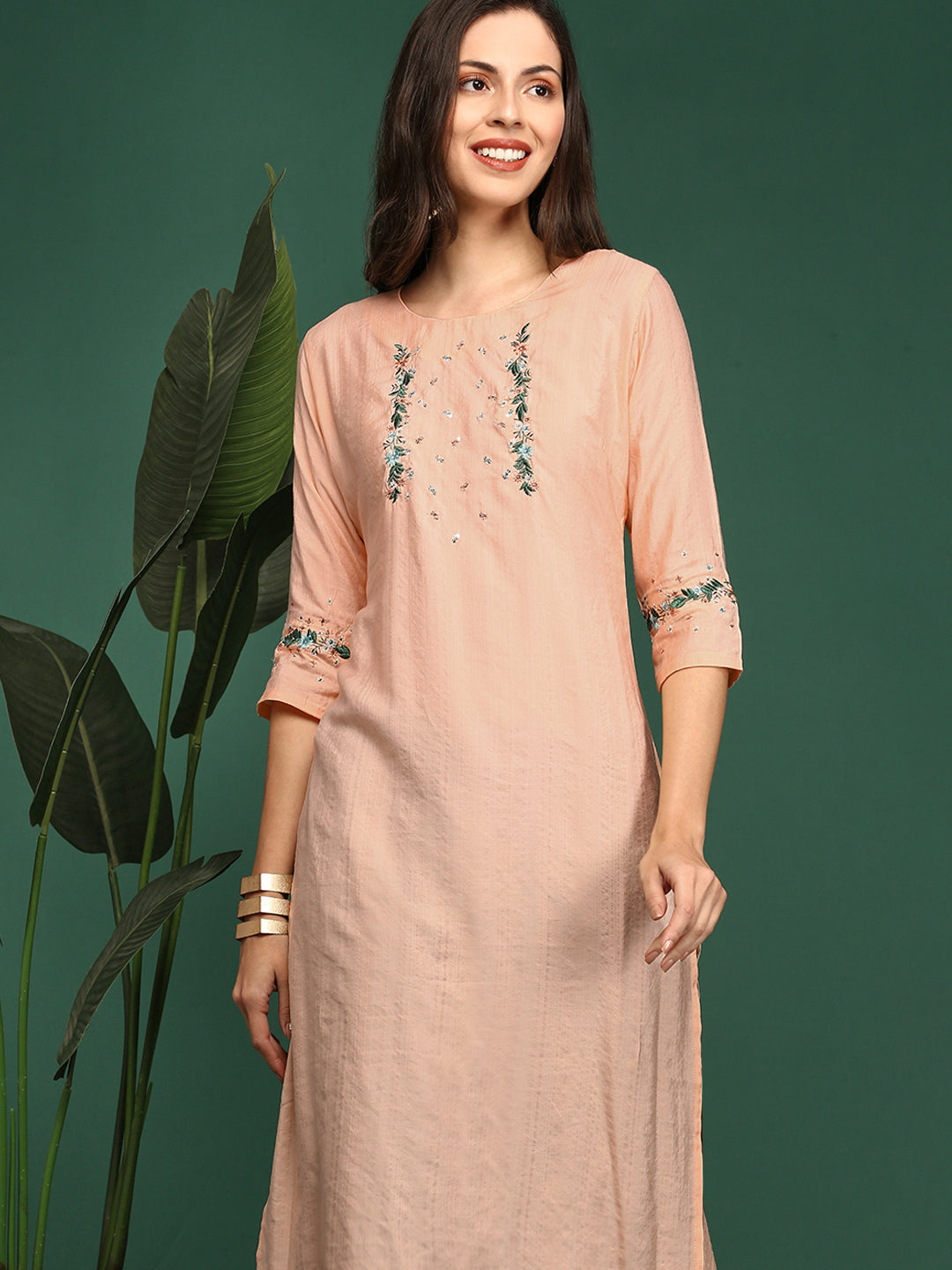 Women's Straight Peach Solid Kurta