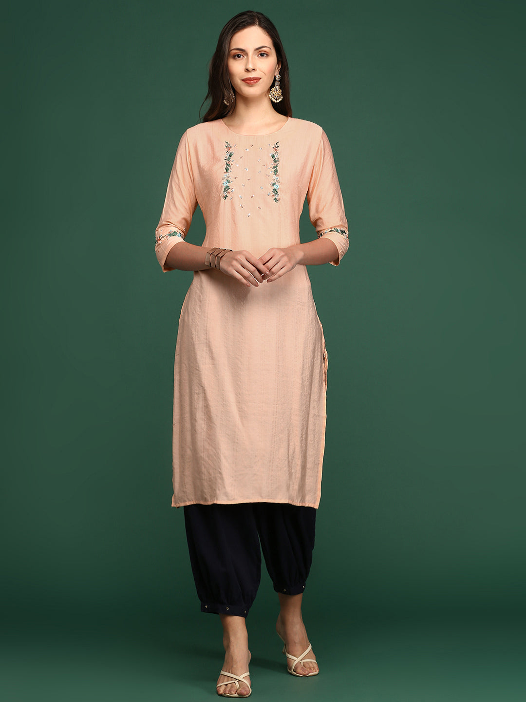 Women's Straight Peach Solid Kurta