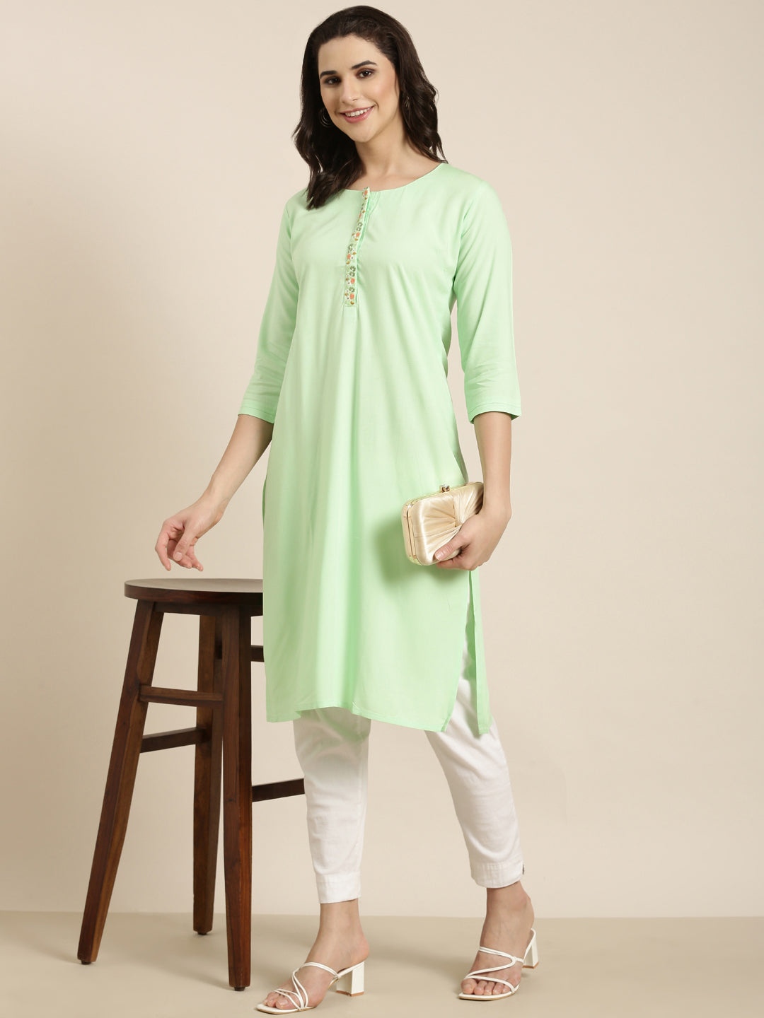Women's Straight Green Solid Kurta