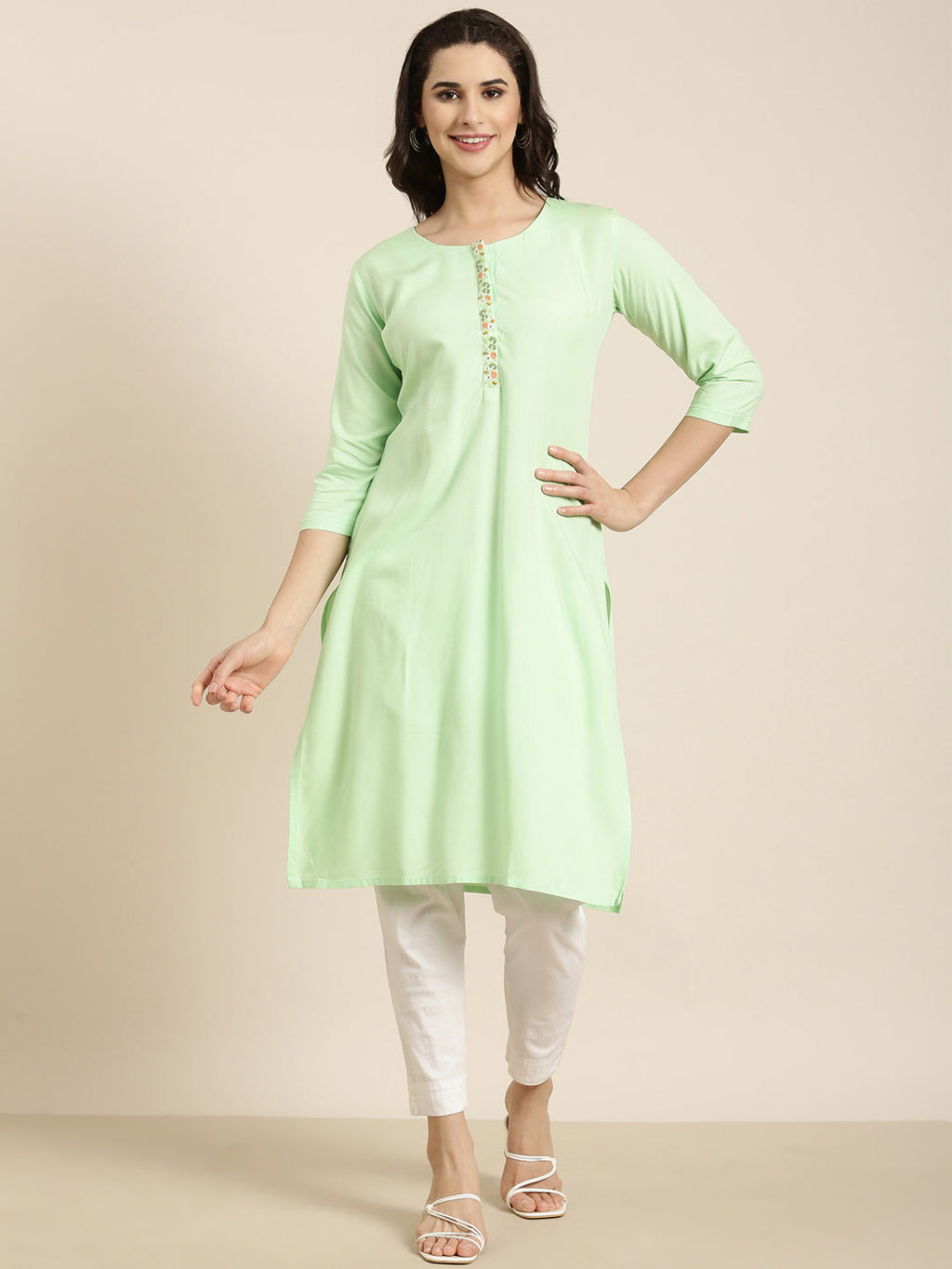Women's Straight Green Solid Kurta