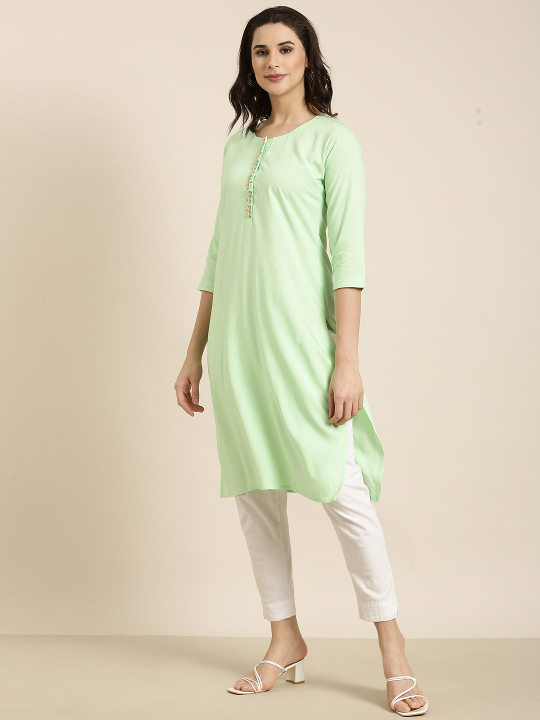 Women's Straight Green Solid Kurta