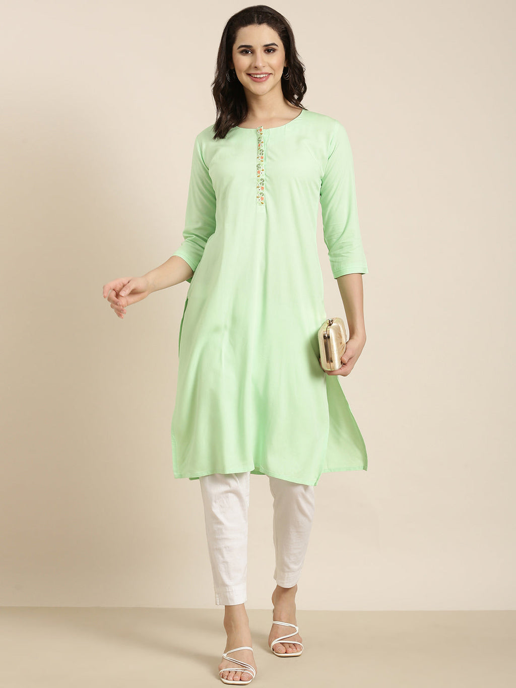 Women's Straight Green Solid Kurta
