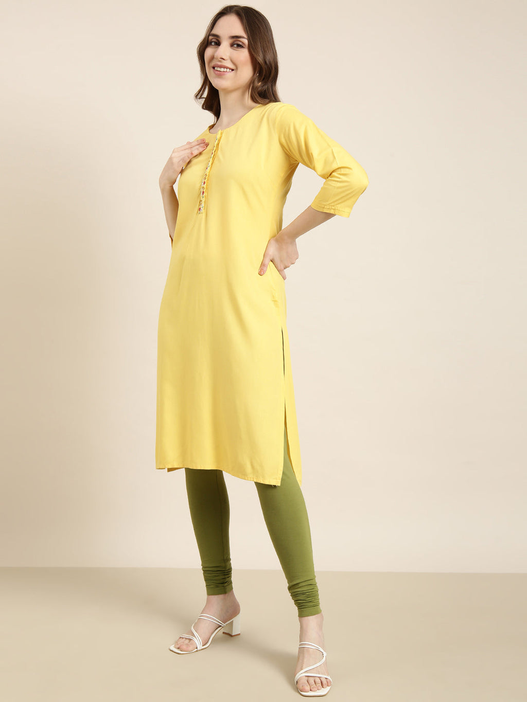 Women's Straight Yellow Solid Kurta