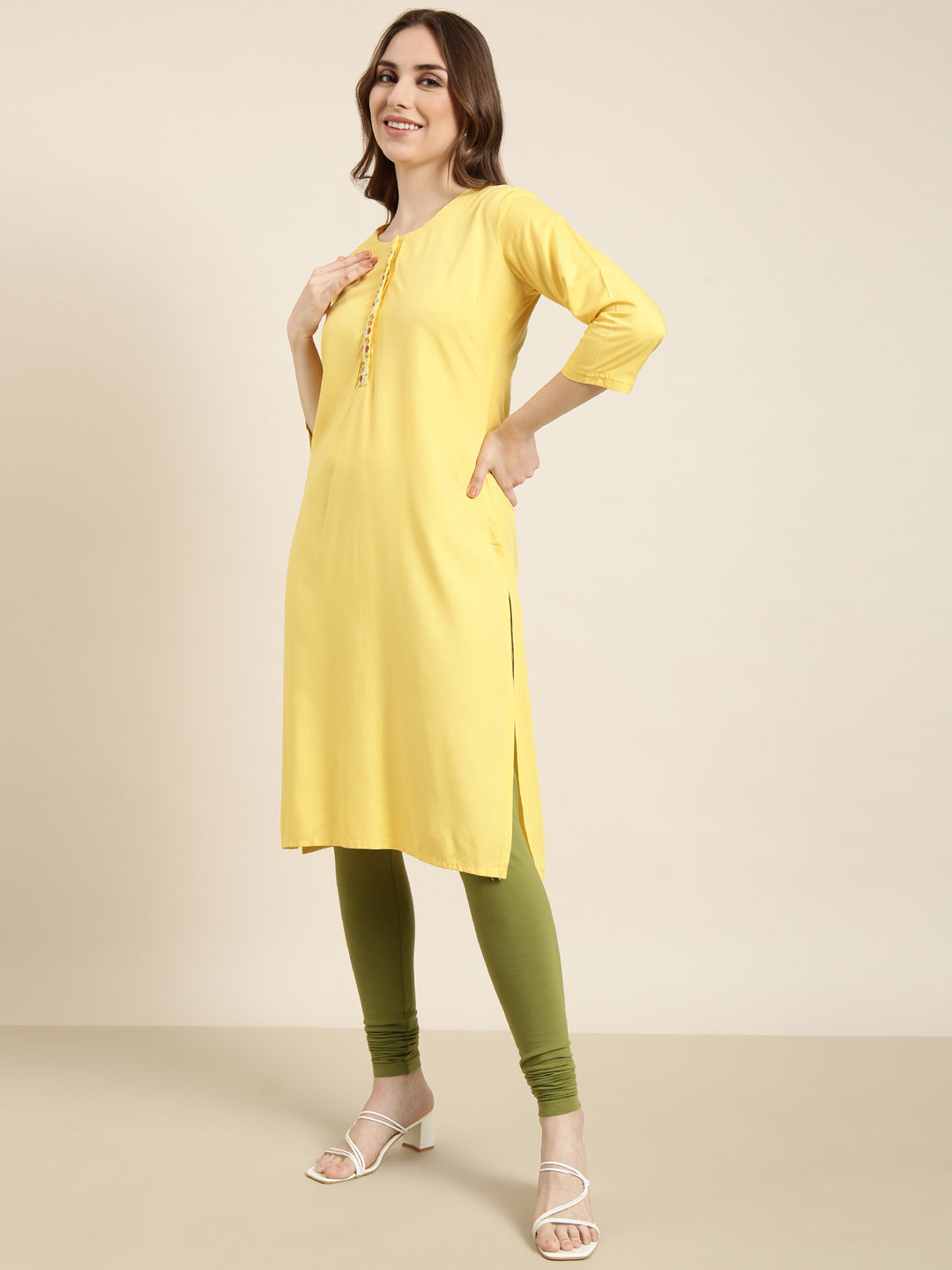 Women's Straight Yellow Solid Kurta