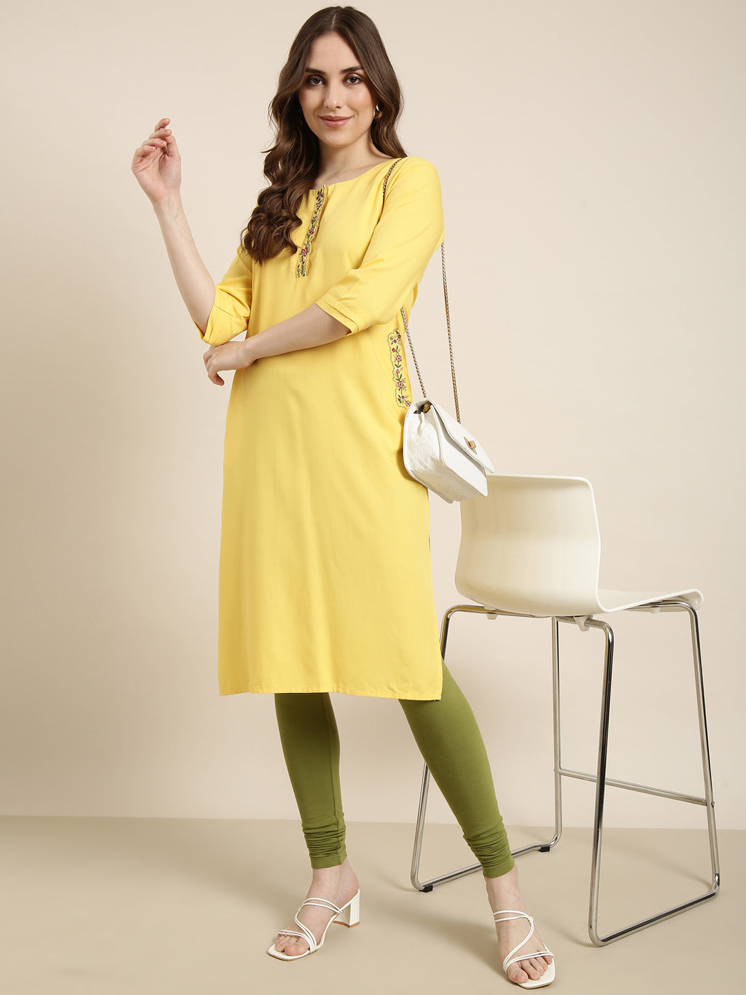 Women's Straight Yellow Solid Kurta