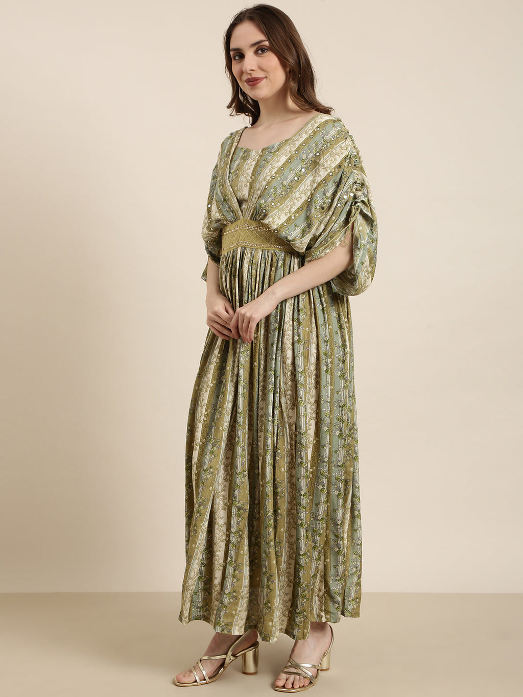 Women's Green Floral Print Cape Sleeve Fit & Flare Dress