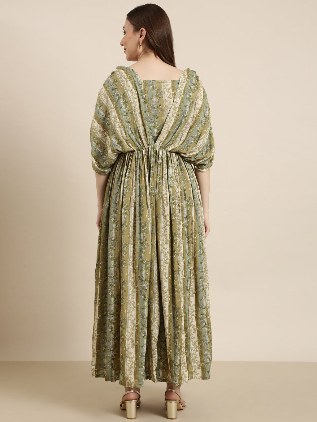 Women's Green Floral Print Cape Sleeve Fit & Flare Dress