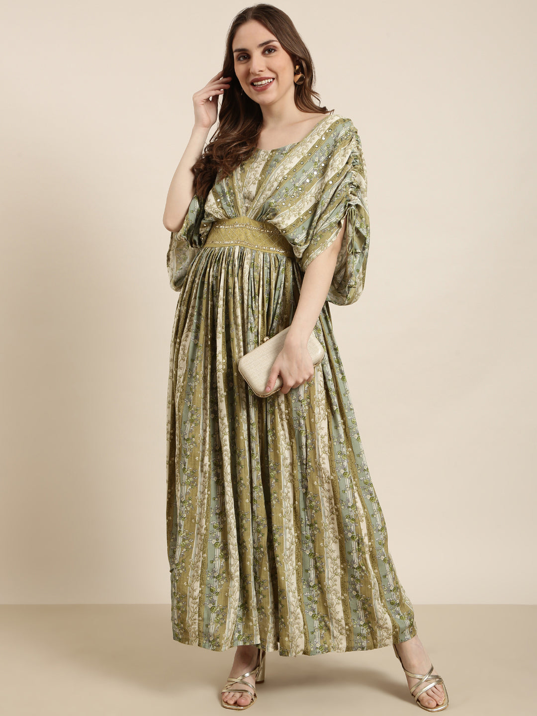 Women's Green Floral Print Cape Sleeve Fit & Flare Dress