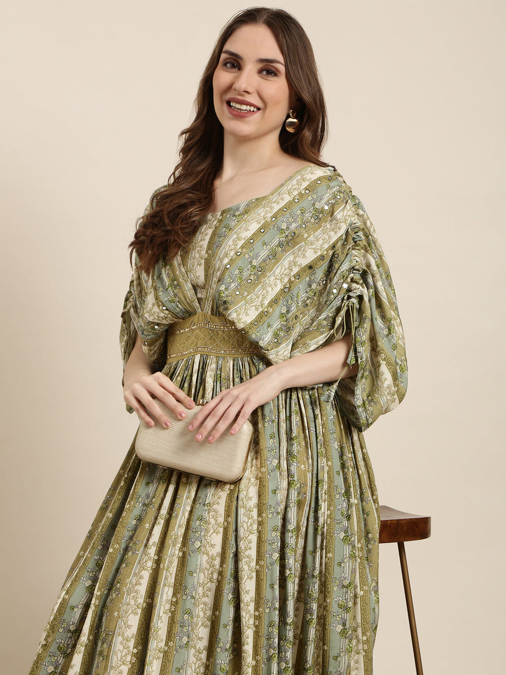 Women's Green Floral Print Cape Sleeve Fit & Flare Dress