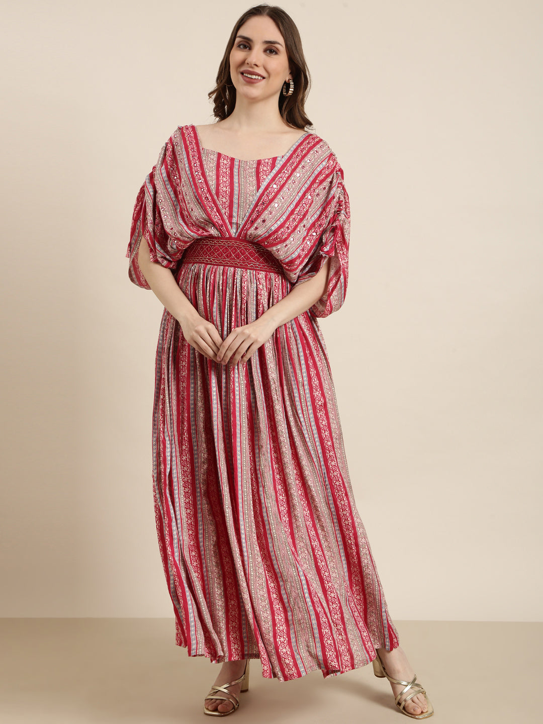 Women's Pink Floral Print Fit & Flare Cotton Maxi Dress
