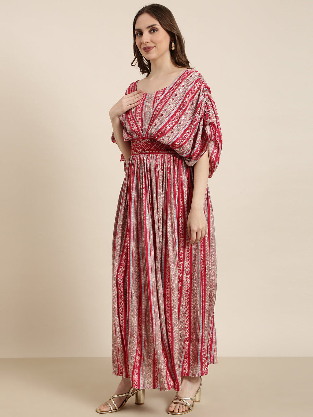 Women's Pink Floral Print Fit & Flare Cotton Maxi Dress