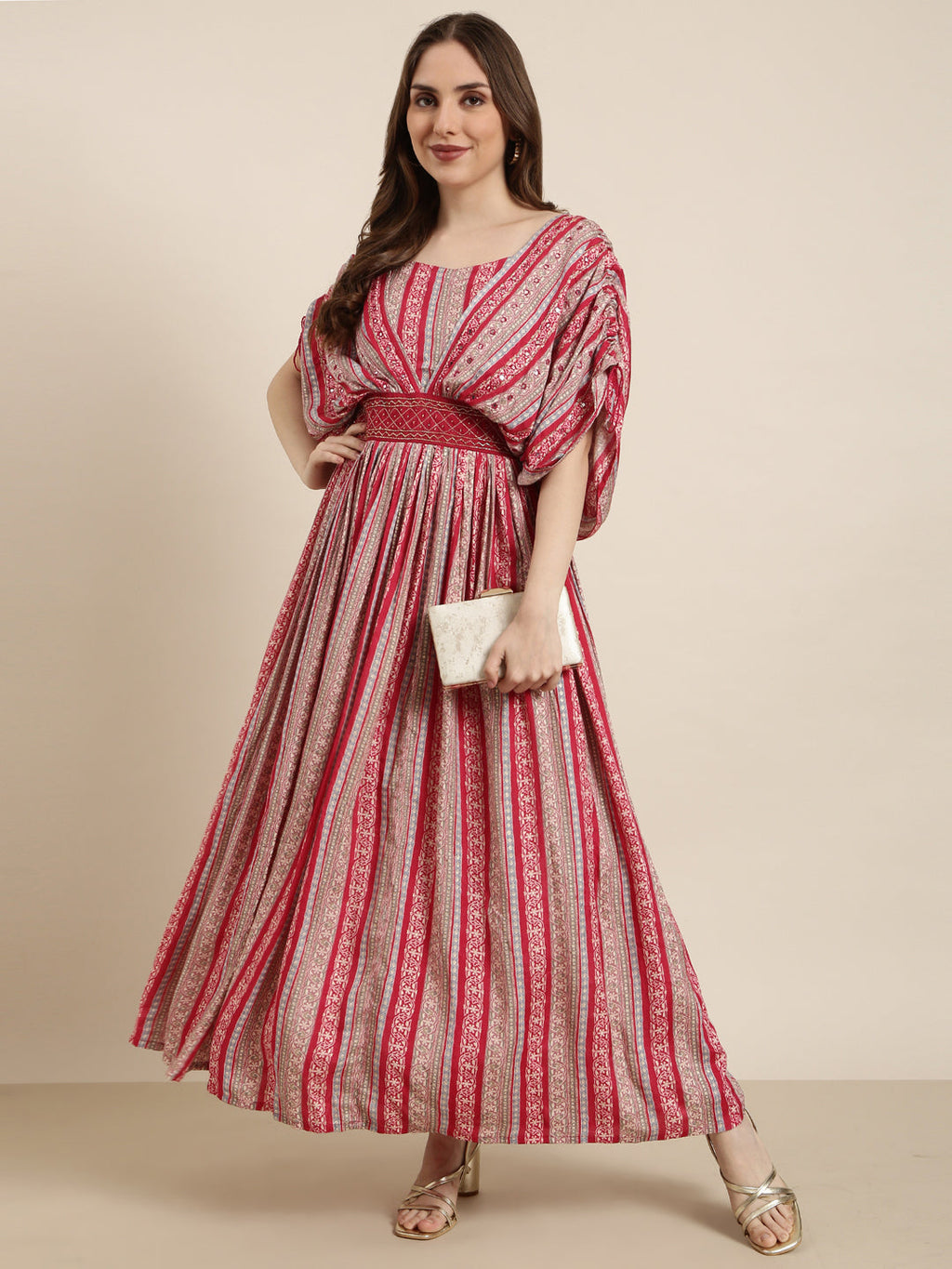 Women's Pink Floral Print Fit & Flare Cotton Maxi Dress