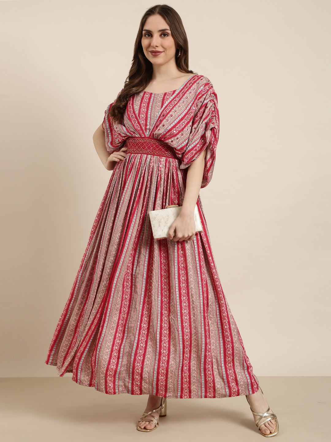 Women's Pink Floral Print Fit & Flare Cotton Maxi Dress