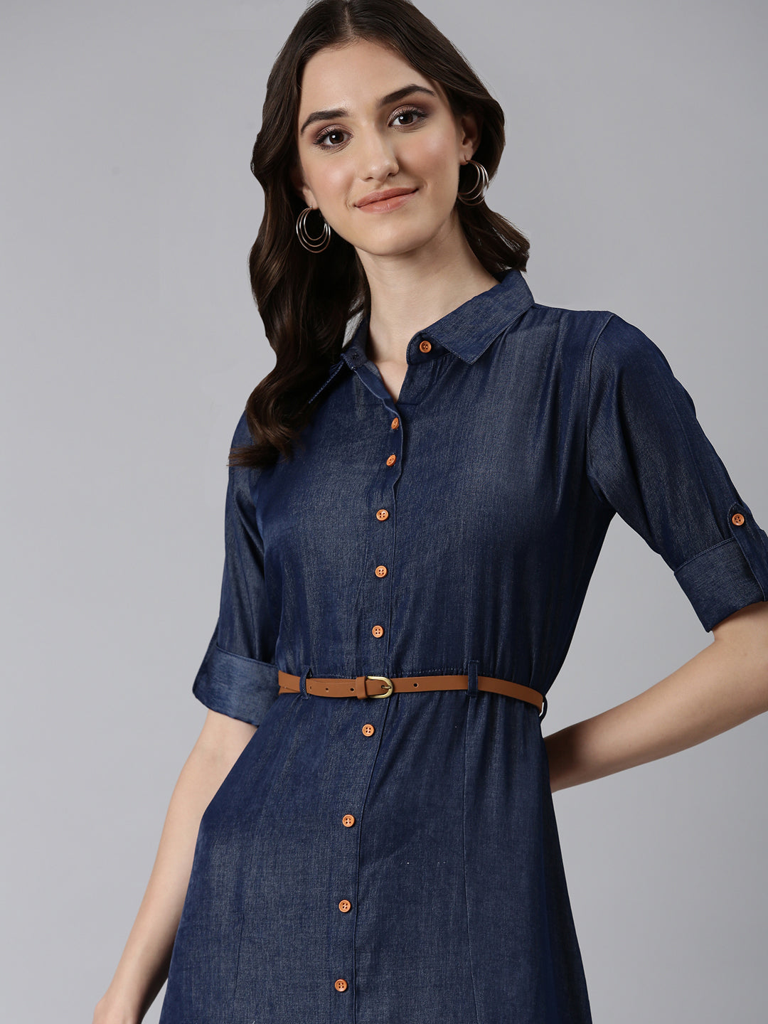 Women's Navy Blue Shirt Collar Roll-Up Sleeves Shirt Dress With Belt